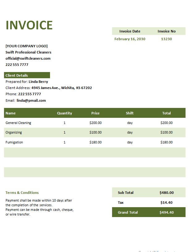 Free Invoice Template for Cleaning Service PSD template